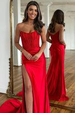 Load image into Gallery viewer, Mermaid Strapless Sweep Train Satin Prom Party Dress with Split