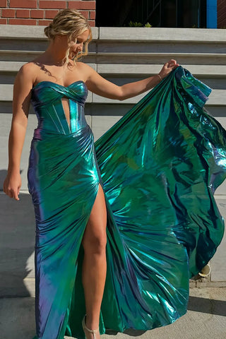Mermaid Sweetheart Metallic Long Sweep Train Prom Dress with Slit