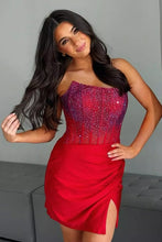 Load image into Gallery viewer, Hot Pink Mermaid Strapless Short Homecoming Dress with Beading and Slit
