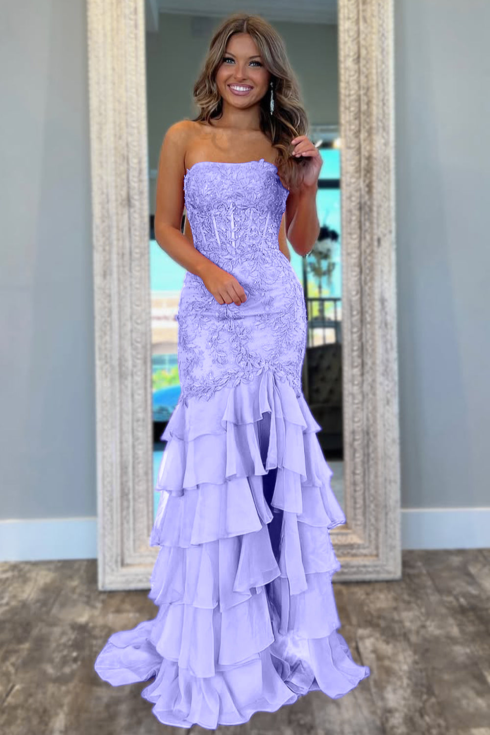 Luuvis Women Mint Green Mermaid Strapless Lace Top Long Tiered Prom Dress