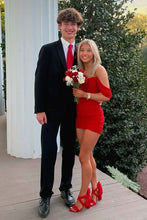 Load image into Gallery viewer, Trendy Sheath Off the Shoulder Red Short Homecoming Dress with Ruched