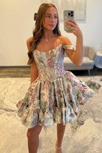 Load image into Gallery viewer, Modern A Line Off the Shoulder Lilac Printed Short Homecoming Dress
