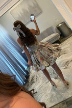 Load image into Gallery viewer, Modern A Line Off the Shoulder Lilac Printed Short Homecoming Dress
