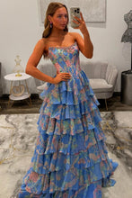 Load image into Gallery viewer, Glamorous A Line Floral Print Strapless Tiered Prom Dress with Fitted Corset