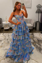 Load image into Gallery viewer, Glamorous A Line Floral Print Strapless Tiered Prom Dress with Fitted Corset