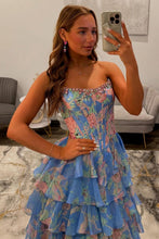 Load image into Gallery viewer, Glamorous A Line Floral Print Strapless Tiered Prom Dress with Fitted Corset