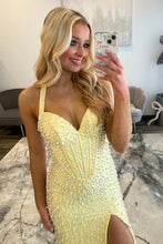 Load image into Gallery viewer, Luxury Mermaid Halter Neck Pink Corset Prom Dress with Pearls and Slit