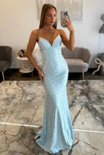 Load image into Gallery viewer, Glamorous Spaghetti Straps Light Blue Mermaid Prom Dress with Pearl Beaded