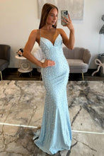 Load image into Gallery viewer, Sparkly Mermaid Spaghetti Straps Black Prom Dress with Pearl Beaded