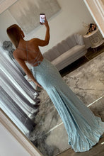 Load image into Gallery viewer, Glamorous Spaghetti Straps Light Blue Mermaid Prom Dress with Pearl Beaded