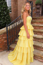 Load image into Gallery viewer, Sweety A Line Strapless Yellow Satin Prom Ball Gown with Tiered Ruffle