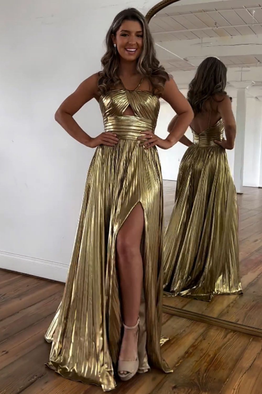 Luuvis Sparkly Gold A-Line Halter Neck Long Prom Party Dress With Split