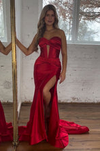 Load image into Gallery viewer, Satin Mermaid Strapless Long Prom Dress With Split