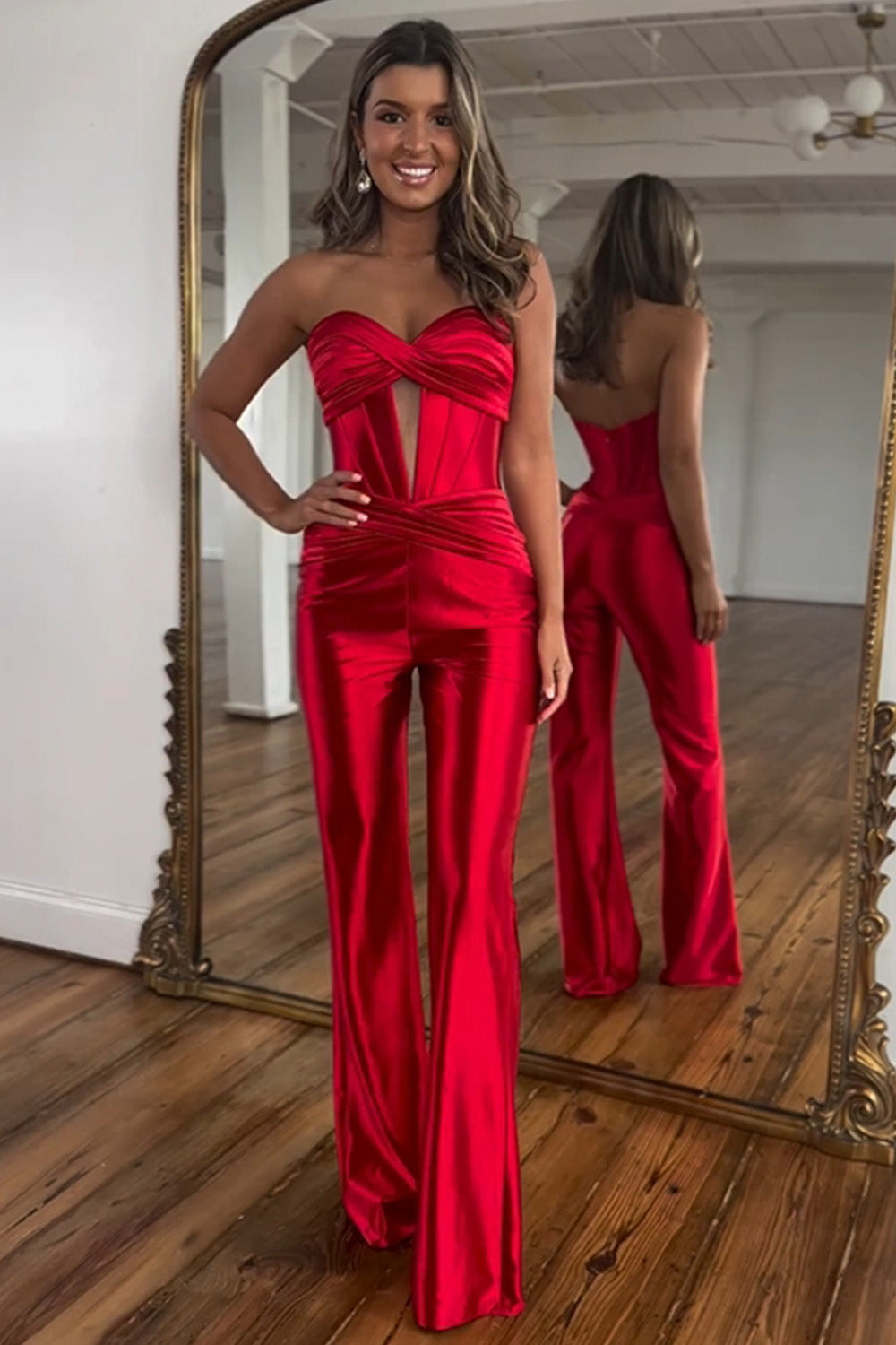 Luuvis Stylish Red Sweetheart Zipper Back Long Satin Prom Jumpsuit