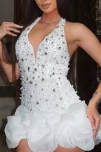 Load image into Gallery viewer, Luxury Pearl &amp; Crystal Embellished Halter Homecoming Dress with Ruffled Hem
