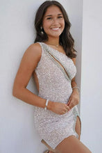 Load image into Gallery viewer, Black One Shoulder Short Sequin Homecoming Dress With Beading and Slit
