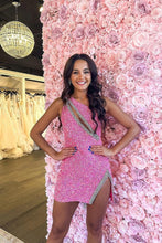 Load image into Gallery viewer, Black One Shoulder Short Sequin Homecoming Dress With Beading and Slit
