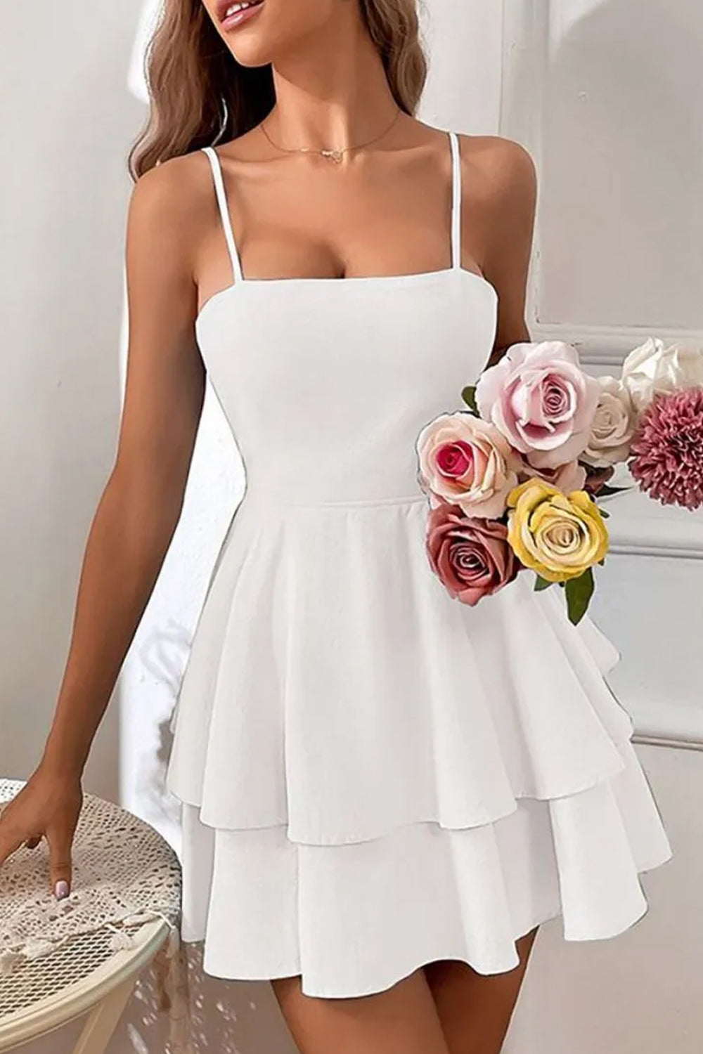 Simple Spaghetti Straps Keyhole Back 2 Layers Graduation Dress