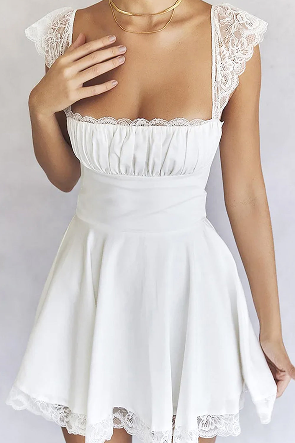 Cute A-Line Square Neck Lace Cap Sleeves Little White Graduation Dress