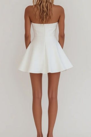 Simple A-Line Strapless Zipper Back Short Mini Satin Little White Graduation Dress