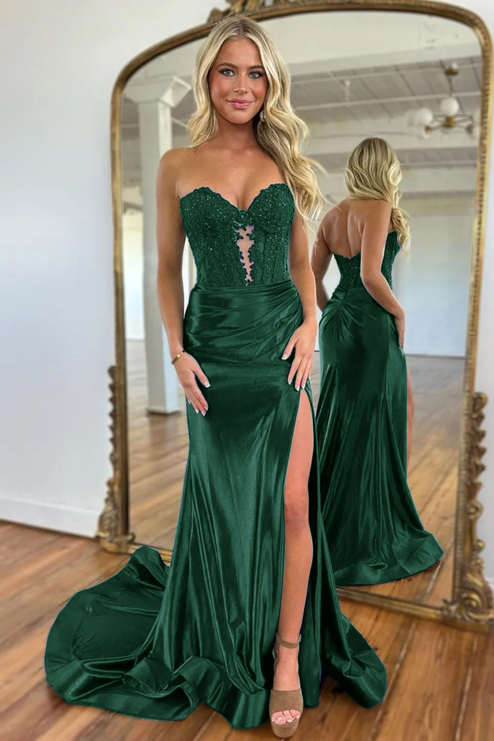 open lace back dress Luuvis Women Navy Blue Sweetheart Mermaid Long Satin Prom Dress With Split