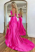 Load image into Gallery viewer, Navy Blue Sweetheart Mermaid Long Satin Prom Dress With Split
