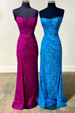 Load image into Gallery viewer, Romantic Lavender Mermaid Strapless Long Lace Prom Dress With Slit
