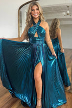 Load image into Gallery viewer, Peacock Blue Halter Neck A-Line Long Metallic Prom Dress With Slit
