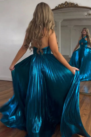 Peacock Blue Halter Neck A-Line Long Metallic Prom Dress With Slit