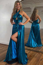 Load image into Gallery viewer, Peacock Blue Halter Neck A-Line Long Metallic Prom Dress With Slit
