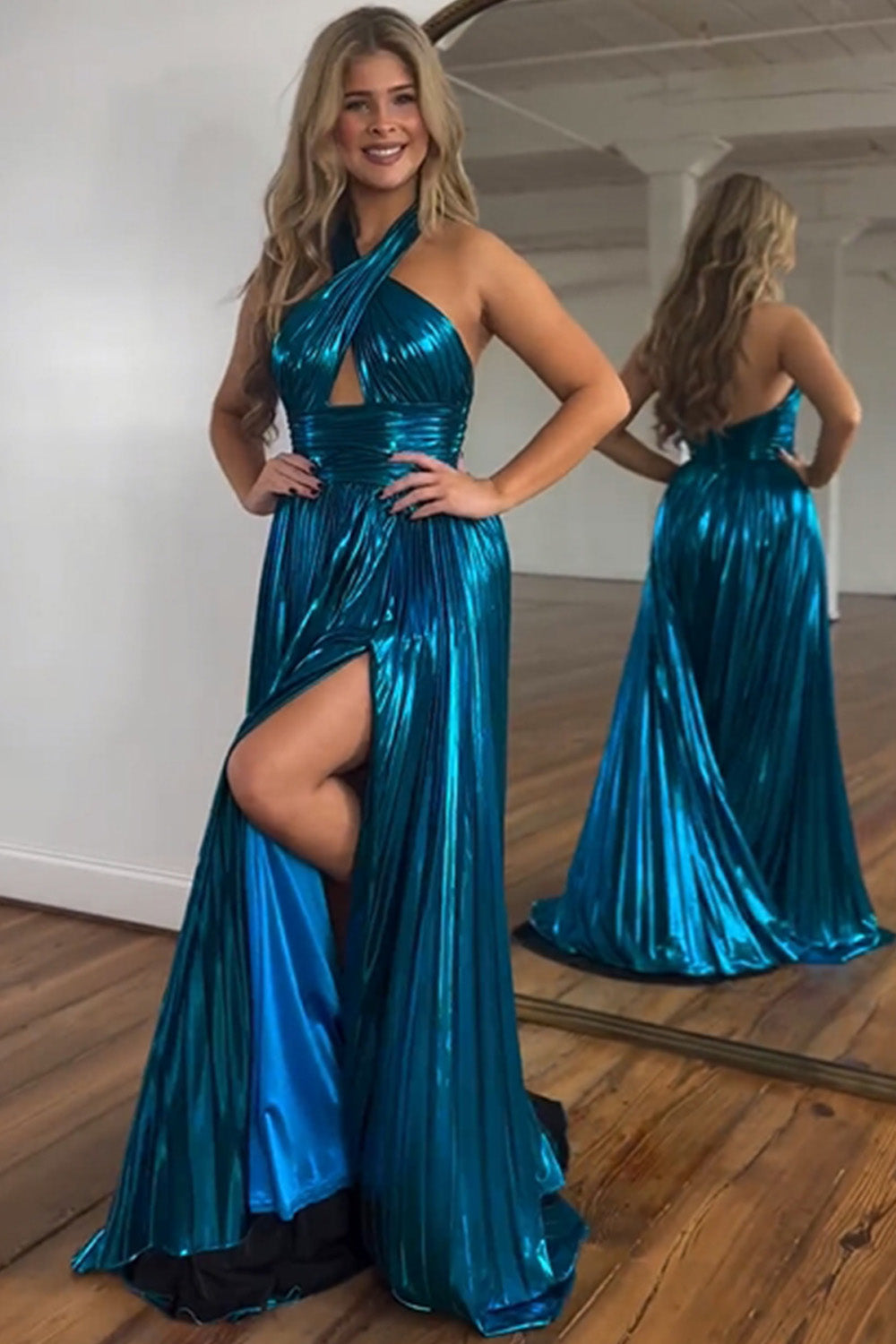 Luuvis Peacock Blue Halter Neck A Line Long Prom Dress With Split