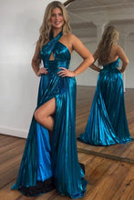 Load image into Gallery viewer, Peacock Blue Halter Neck A-Line Long Prom Dress With Split