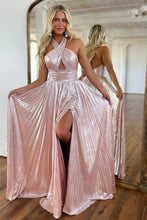 Load image into Gallery viewer, Peacock Blue Halter Neck A-Line Long Metallic Prom Dress With Slit

