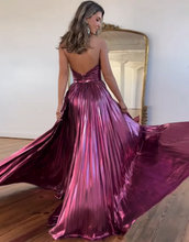Load image into Gallery viewer, Peacock Blue Halter Neck A-Line Long Metallic Prom Dress With Slit
