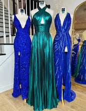 Load image into Gallery viewer, Peacock Blue Halter Neck A-Line Long Metallic Prom Dress With Slit
