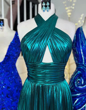 Load image into Gallery viewer, Peacock Blue Halter Neck A-Line Long Metallic Prom Dress With Slit
