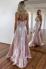Load image into Gallery viewer, Peacock Blue Halter Neck A-Line Long Metallic Prom Dress With Slit
