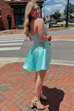 Load image into Gallery viewer, Pretty A Line Strapless Champagne Corset Homecoming Dress with Pearls Bowknot