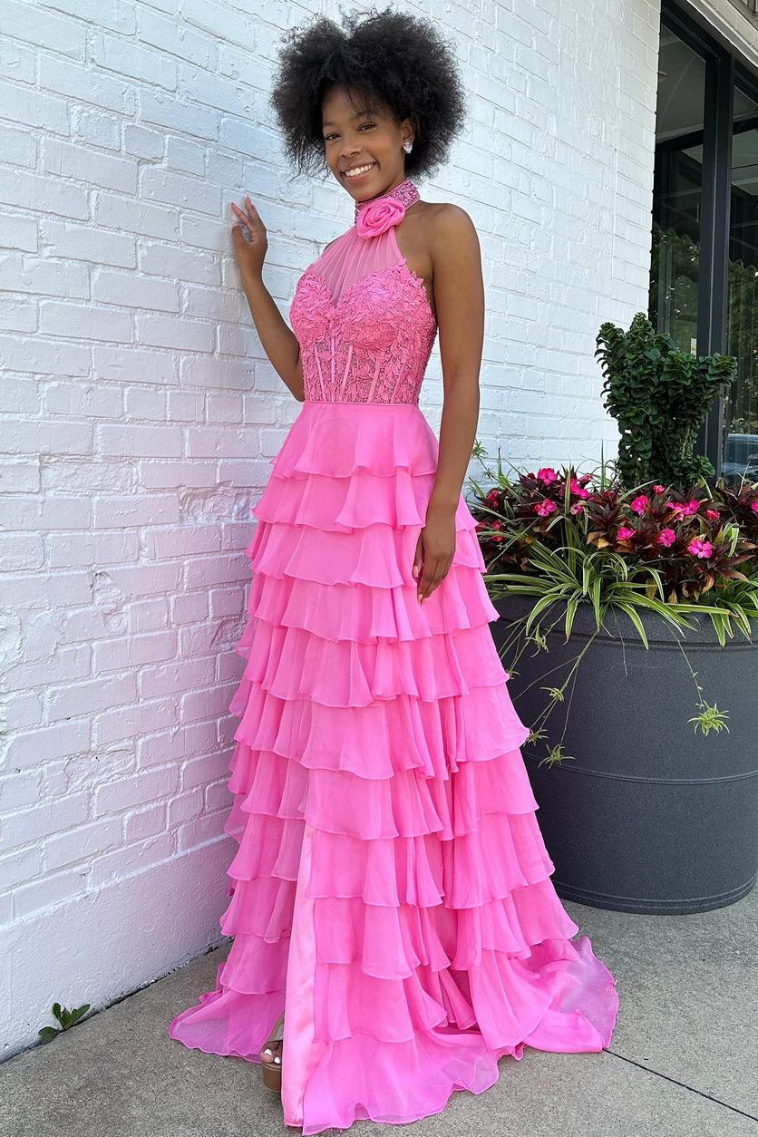 Luuvis Women Pink A-Line Halter Neck Lace Top Long Tiered Chiffon Prom