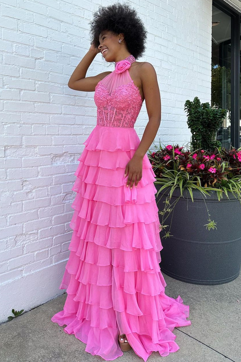 Luuvis Women Pink A-Line Halter Neck Lace Top Long Tiered Chiffon Prom