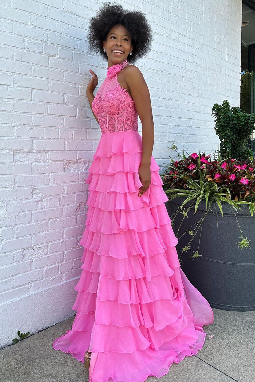 Halter Pink Chiffon Layered Floor-Length Prom Dress Elegant Supportive