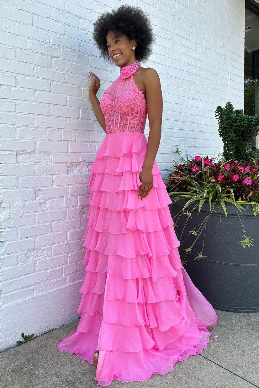 Luuvis Women Pink A-Line Halter Neck Lace Top Long Tiered Chiffon Prom