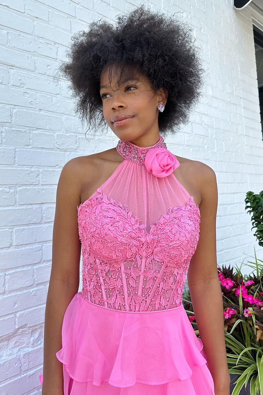 Luuvis Women Pink A-Line Halter Neck Lace Top Long Tiered Chiffon Prom