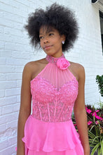 Load image into Gallery viewer, Pink A-Line Halter Neck Lace Top Long Tiered Chiffon Prom Dress
