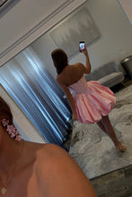 Load image into Gallery viewer, Pink Bubble Hem Homecoming Dress with Rhinestone Corset Bodice and Bow
