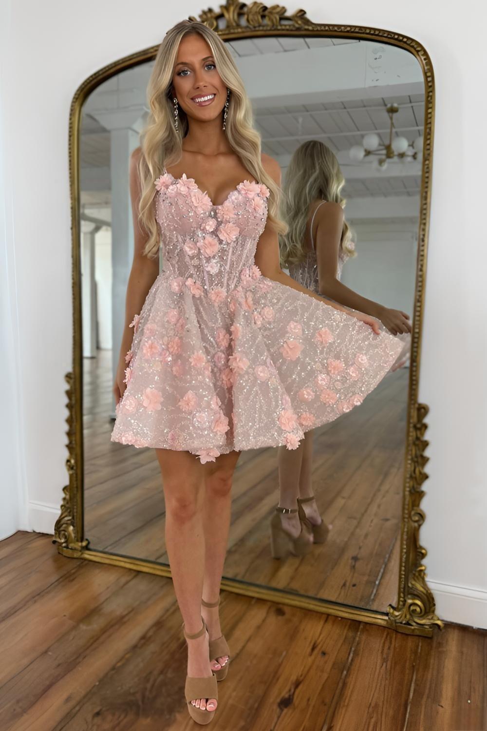 Gorgeous A Line Spaghetti Straps Pink Short Homecoming Dress with Appliques Beading