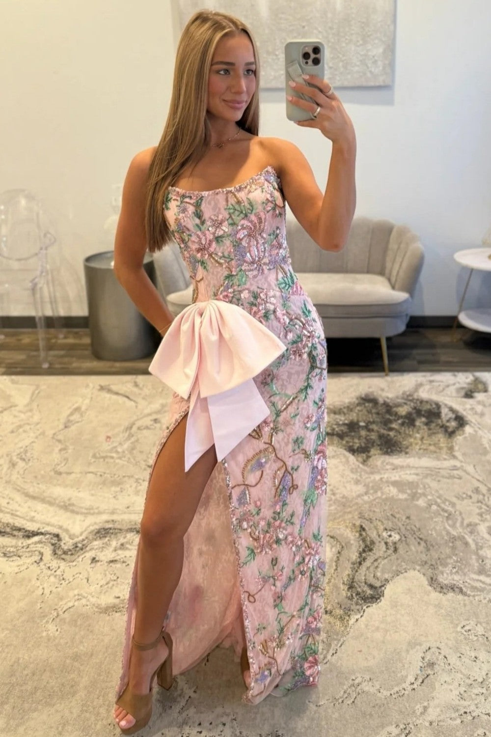 Gorgeous Mermaid Strapless Pink Corset Prom Dress with Embroidery Bowknot