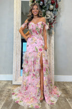Load image into Gallery viewer, Gorgeous Mermaid Off Shoulder Pink Floral Corset Mermaid Prom Dress with Slit