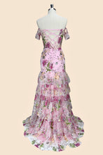 Load image into Gallery viewer, Gorgeous Mermaid Off Shoulder Pink Floral Corset Mermaid Prom Dress with Slit
