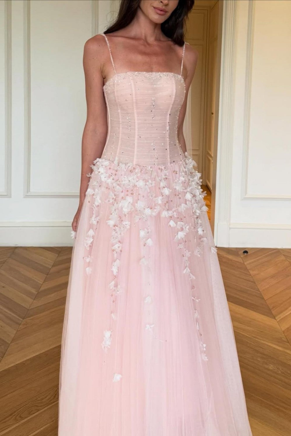 Princess A Line Pink Floral Spaghetti Straps Tulle Ball Gown Prom Dress with Corset Bodice